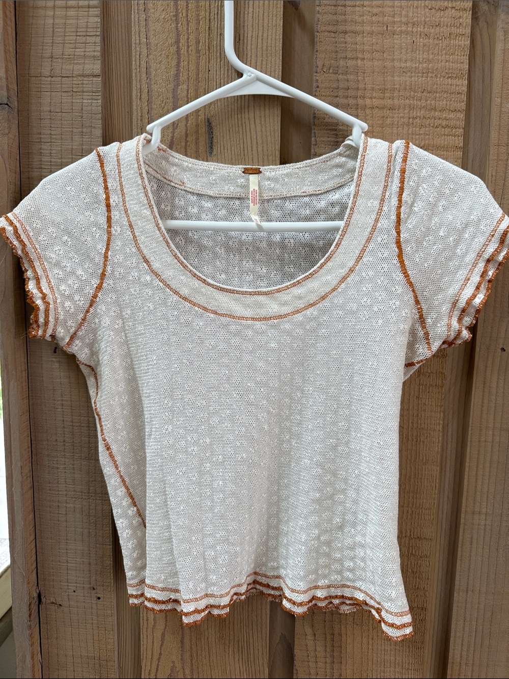 Free People Cream Short Sleeve Scoop Neck Top with Orange Trim